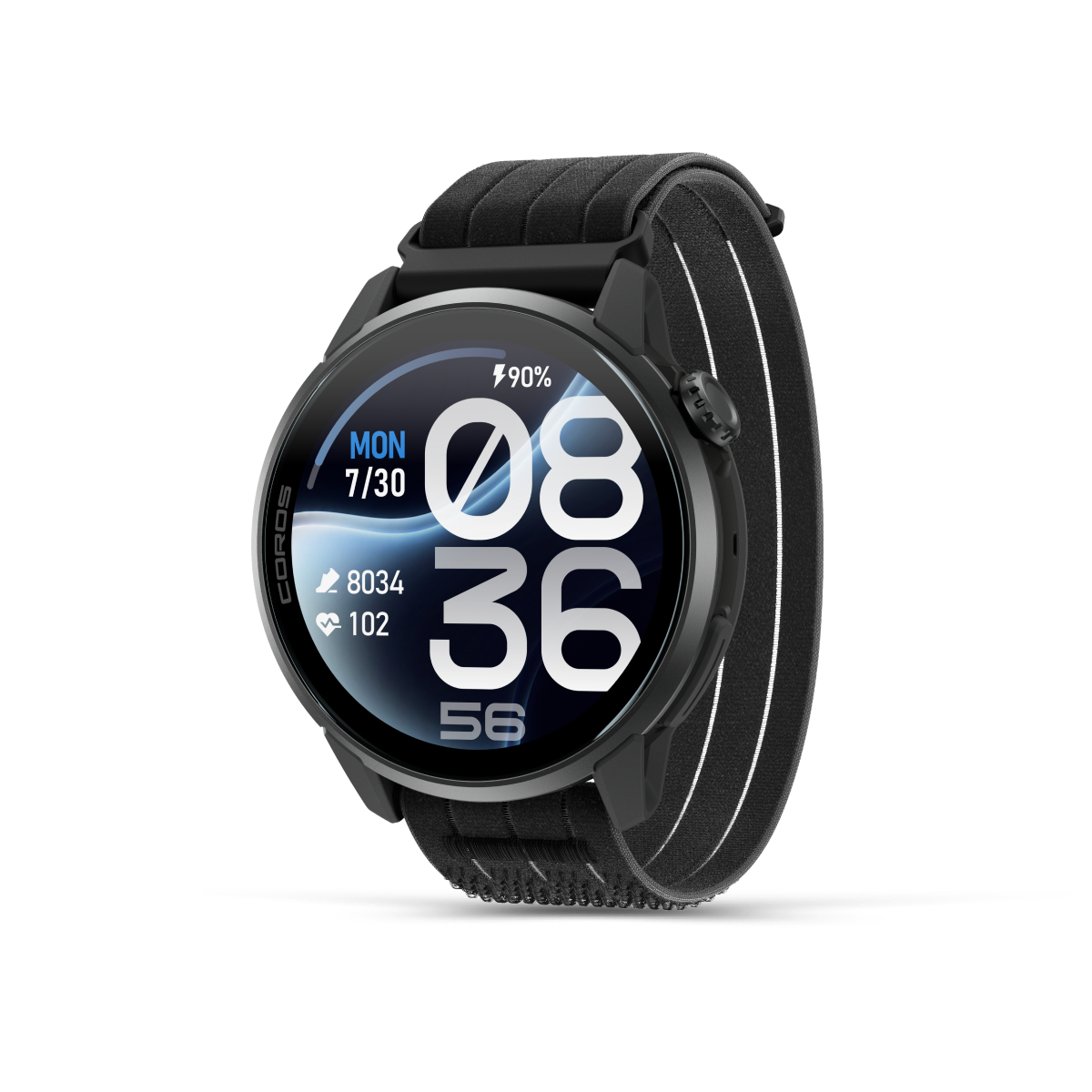 Front three-quarter view of the COROS PACE 4 Pro Black Watch Body with Black Nylon Band