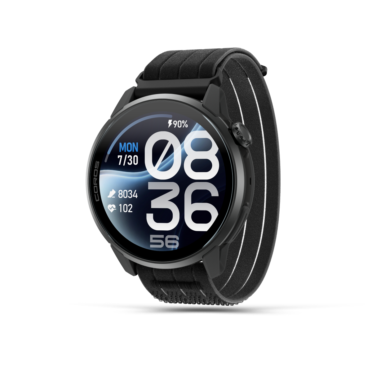 Front three-quarter view of the COROS PACE 4 Pro Black Watch Body with Black Nylon Band
