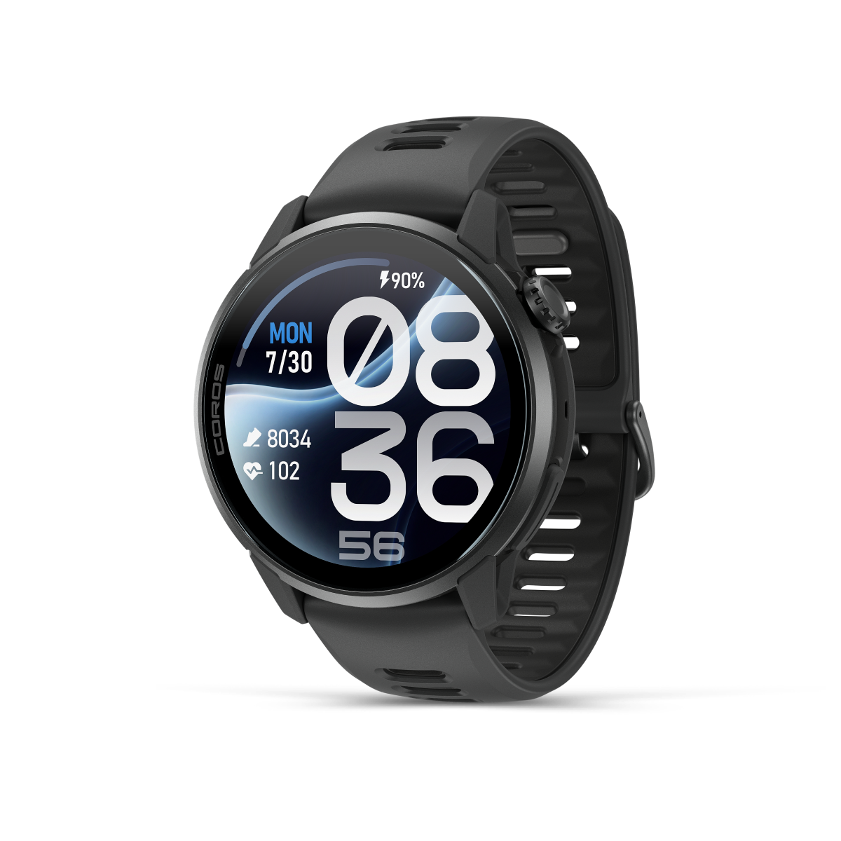 Front three-quarter view of the COROS PACE 4 Pro Black Watch Body with Black Silicone Band