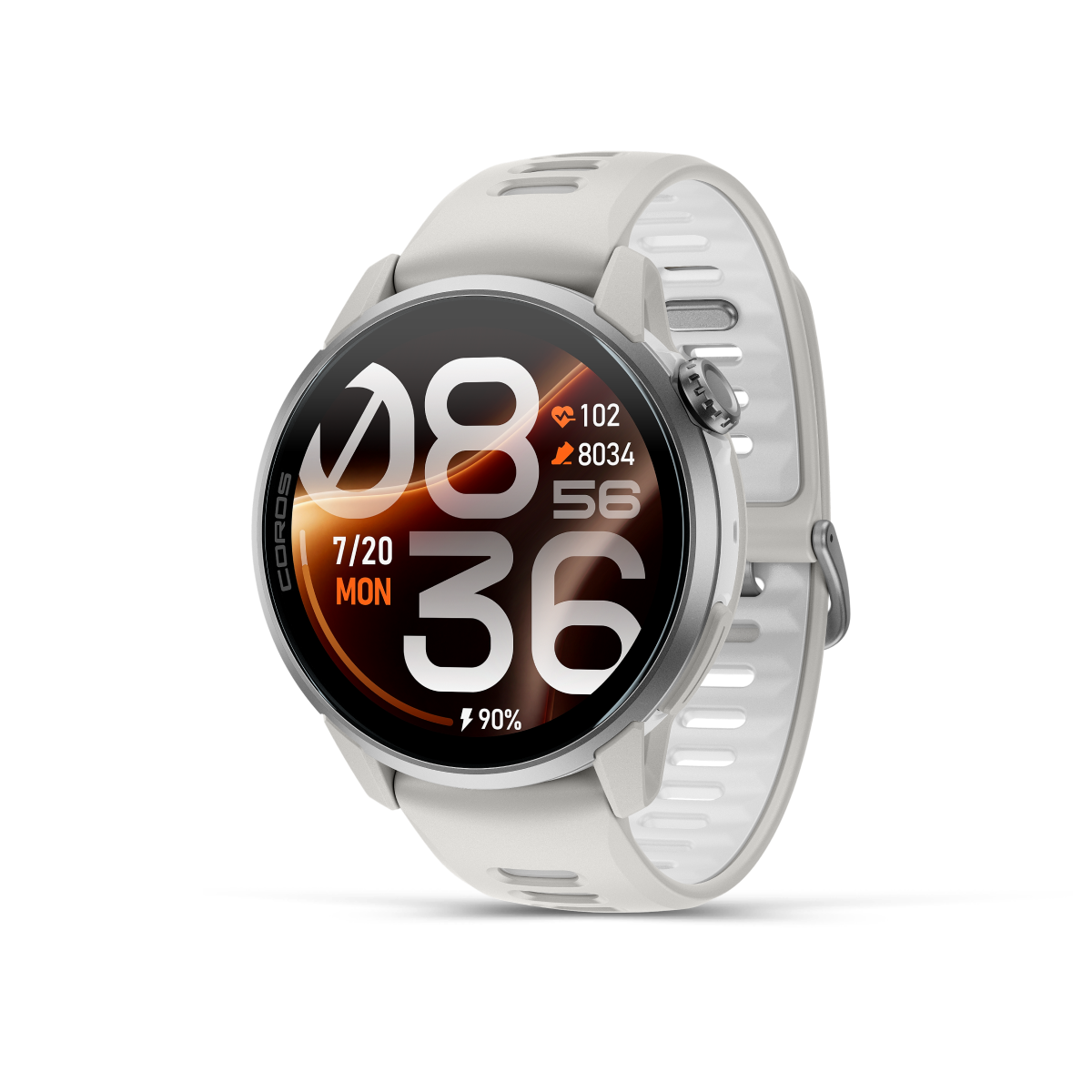 Front three-quarter view of the COROS PACE 4 Pro White Watch Body with White Silicone Band