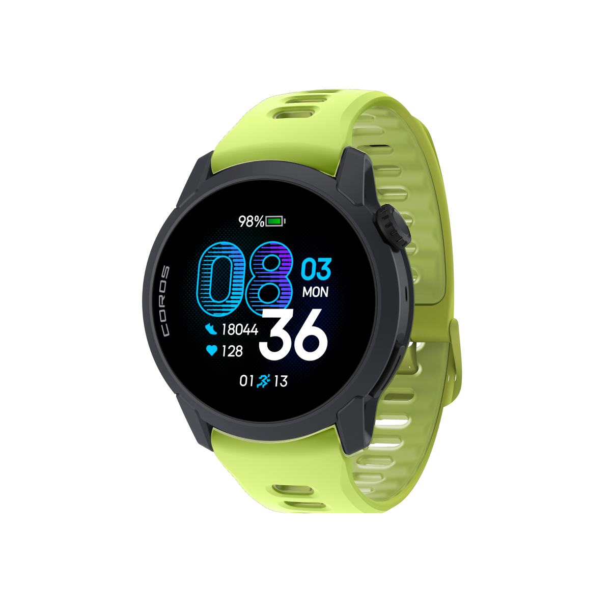 Front three-quarter view of COROS PACE 4 Black / Silicone / Neon Yellow