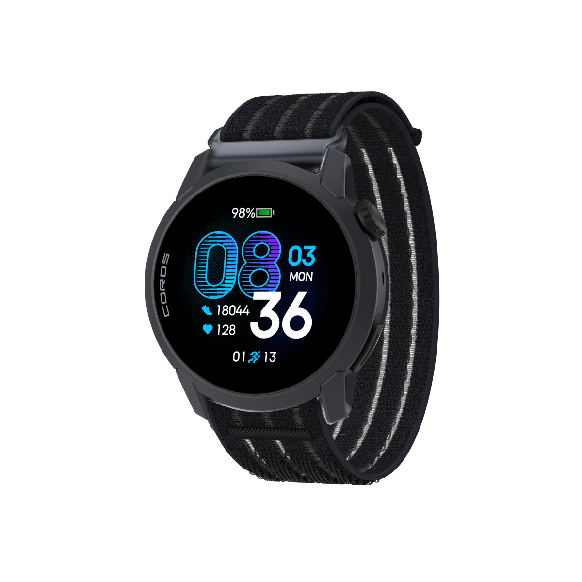 Front three-quarter view of the COROS PACE 4 Black Watch with a Black Crystal Long Nylon Band