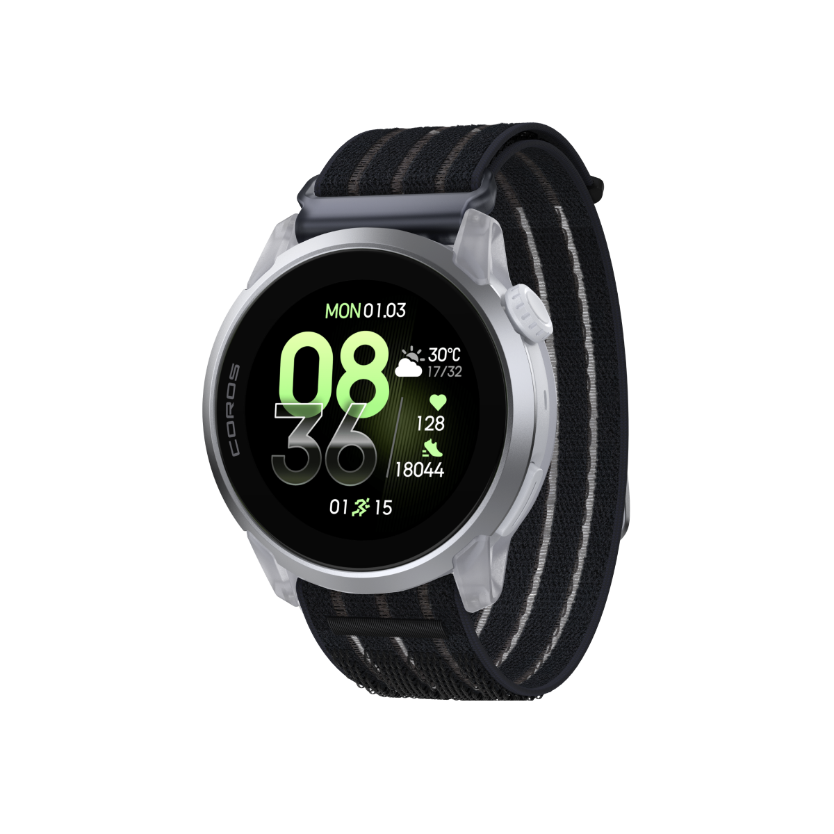 Front three-quarter view of the COROS PACE 4 Cloud White Watch with a Black Crystal Long Nylon Band