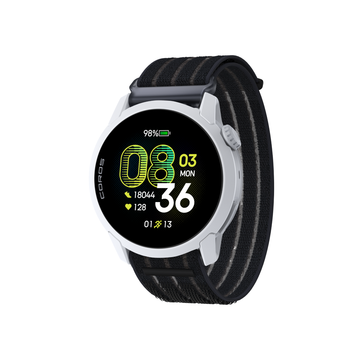 Front three-quarter view of the COROS PACE 4 White Watch with a Black Crystal Long Nylon Band